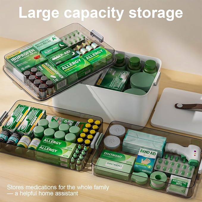 Spreezy 4-Tier Medicine Storage Box, Portable Empty First Aid Kit | Cabinet with Leather Handles. Large Capacity Multifunctional Storage Box with Lid and Clasp for Medicine, Sewing, Art, Craft