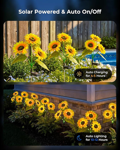 Brightown 6 Pack 3 Head Solar Sunflower Garden Stake Lights Waterproof | 18 glowing stem sunflowers, waterproof solar powered, auto on off decorative stakes for yard, patio, lawn outdoor decoration