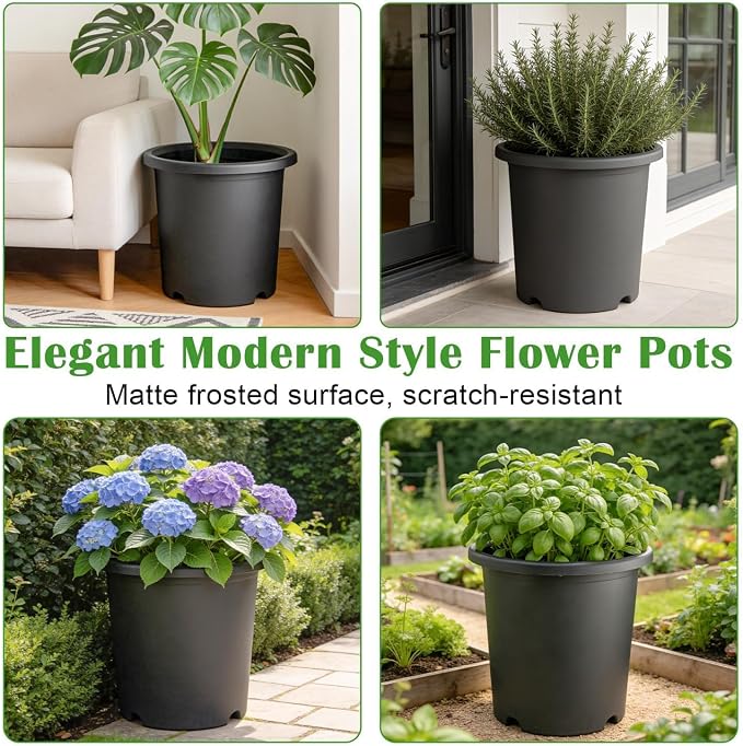 16 inch Deep Large Planters for Outdoor Plants, 4-Pack Plastic Plant Pots with Drainage Holes, Heavy Duty 10 Gallon Garden Planter for Tomato, Vegetables, Flower Growing Deeper -16" Wx15"H, Dark Gray