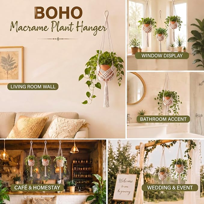 Shappy 2 Pack Boho Macrame Plant Hanger, Large Hanging Planter Plant Holder Pot Hanger Hanging Basket Wall Planters, Plants Lover Gift for Indoor Garden (Classic, White)