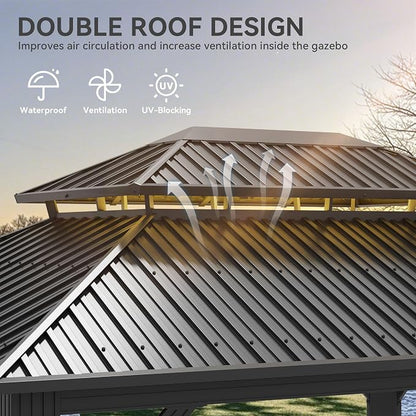 YITAHOME 12x14ft Gazebo Double Roof Hardtop Heavy Duty w/Nettings,Curtains | Upgraded Outdoor Canopy Aluminum Column Galvanized Steel Vertical Stripes Roof for Patio, Backyard, Deck, Lawns, Brown