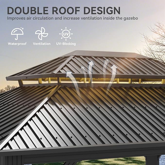 YITAHOME 12x14ft Hardtop Gazebo with Nettings and Curtains Heavy Duty | Double Roof Galvanized Steel Outdoor Combined of Vertical Stripes Roof for Patio, Backyard, Deck, Lawns, Gray