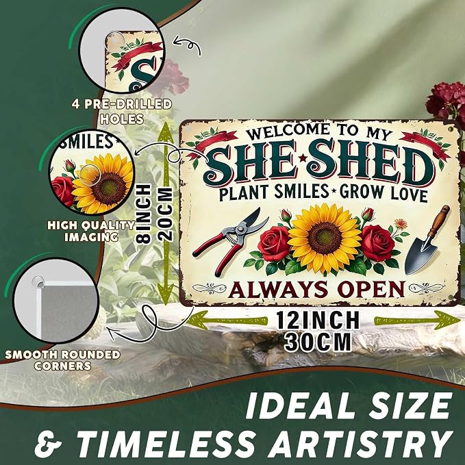 PEACHGARDEN Garden Decor She Shed Wall Art Decor Welcome To My She Shed Garden Metal Sign for Greenhouse Plantroom Yard Patio 8x12 inch