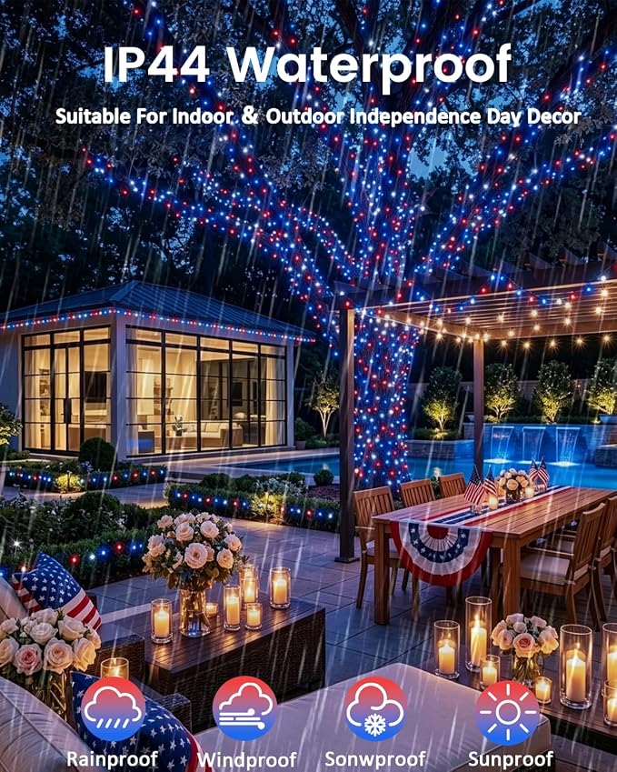 4 Pack 20FT 60LED Red White and Blue Battery Operated Fairy Lights with Timer, 4th of July Battery String Lights Waterproof Outdoor Indoor, Battery Twinkle Lights Independence Day Memorial Day Decor