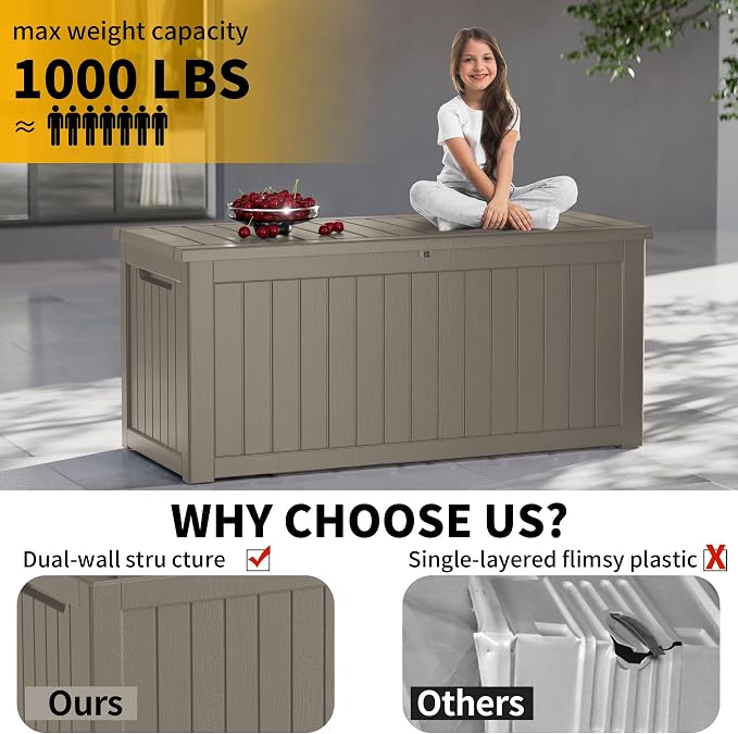 270 Gallon Outdoor Storage Box Waterproof, Lockable Resin Deck Box Large Storage Bin for Patio Furniture Cushion, Garden Tools, Pool Accessories, UV-Resistant Outside Delivery, Gray