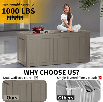 270 Gallon Outdoor Storage Box Waterproof, Lockable Resin Deck Box Large Storage Bin for Patio Furniture Cushion, Garden Tools, Pool Accessories, UV-Resistant Outside Delivery, Gray