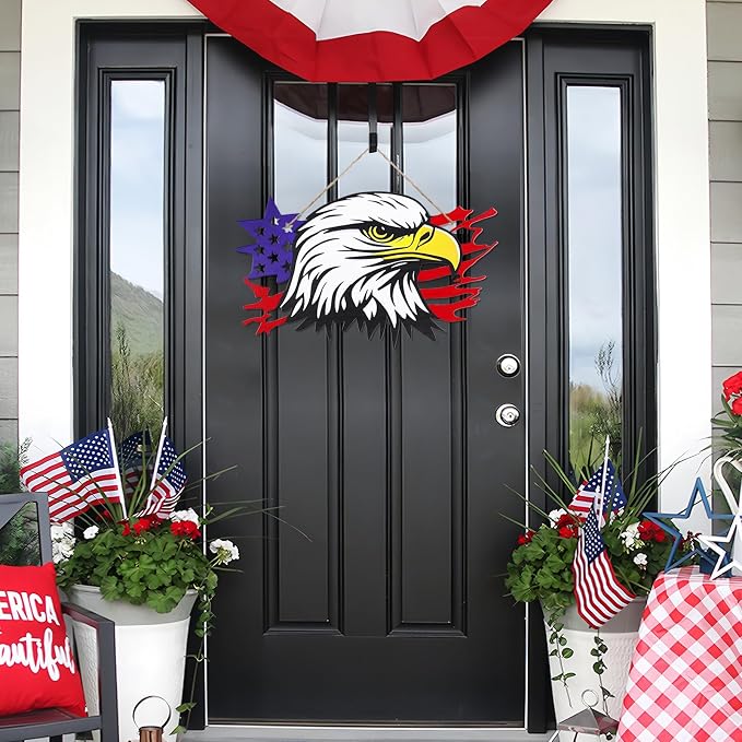 4th of July Independence Day Decor Bald Eagle Metal Wall Art, American Flag Bald Eagle Hanging Sign, Patriotic Decoration for Home Office Living Room Indoor Outdoor(13x7.9 in)