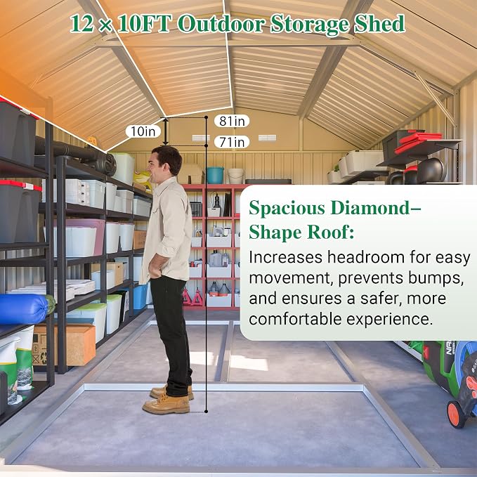 YOPTO 10×12 FT Outdoor Storage Shed,Heavy-Duty Metal Shed with Floor Base,All Weather Waterproof Tool Shed W/Diamond Roof & Windows,Lockable Double Door & 4 Air Vents,for Backyard,Patio,Lawn,Gray