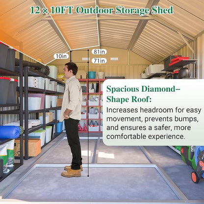 YOPTO 10×12 FT Outdoor Storage Shed,Heavy-Duty Metal Shed with Floor Base,All Weather Waterproof Tool Shed W/Diamond Roof & Windows,Lockable Double Door & 4 Air Vents,for Backyard,Patio,Lawn,Gray