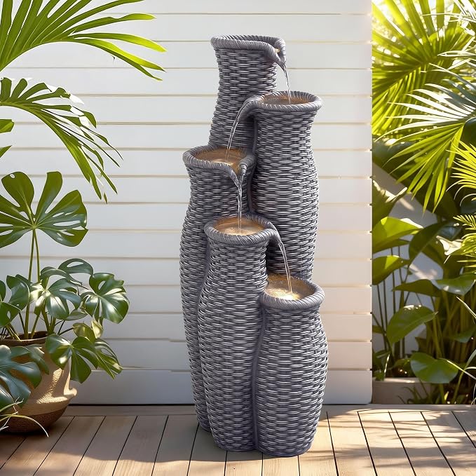 Autodaya 5-Tier Faux Rattan Outdoor Water Fountain & Waterfalls with Lights | Unique Natural Vase Water Feature With Cascading Soothing White Noise, Tranquil Oasis For Garden, Patio, Yard, Or Porch Decor