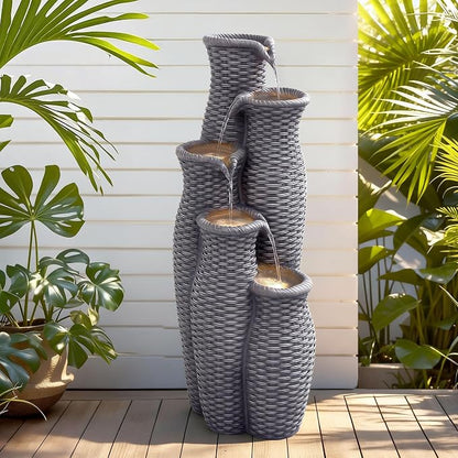 Autodaya 5-Tier Faux Rattan Outdoor Water Fountain & Waterfalls with Lights | Unique Natural Vase Water Feature With Cascading Soothing White Noise, Tranquil Oasis For Garden, Patio, Yard, Or Porch Decor