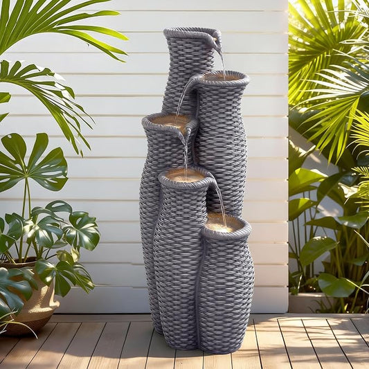 Autodaya 5-Tier Faux Rattan Outdoor Water Fountain & Waterfalls with Lights | Unique Natural Vase Water Feature With Cascading Soothing White Noise, Tranquil Oasis For Garden, Patio, Yard, Or Porch Decor