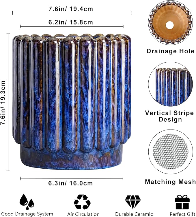 Ceramicfor Ceramic Plant Pots, 7.6 Inch, Blue | Drainage Hole, Fluted Round Design, Indoor & Outdoor Use, Modern Style