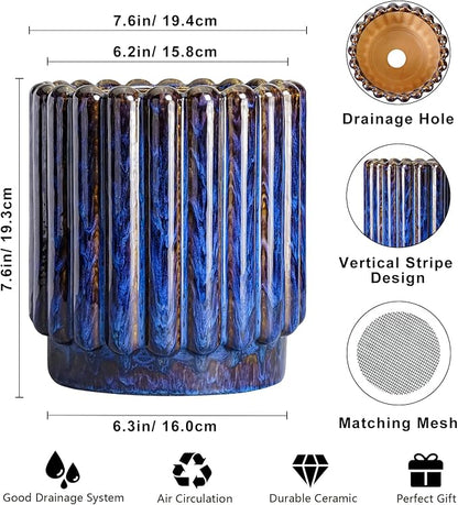 Ceramicfor Ceramic Plant Pots, 7.6 Inch, Blue | Drainage Hole, Fluted Round Design, Indoor & Outdoor Use, Modern Style