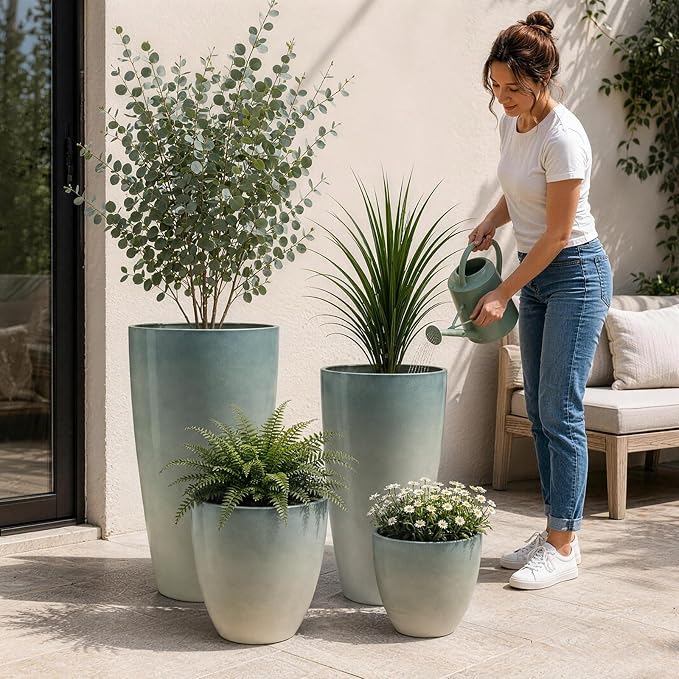 ZMTECH 24/21/12/10 Inch Charcoal Gray Green Gloss Planter Set, 4 Pack Large Outdoor Planters with Drainage Holes & Saucers, Glossy Smooth Lightweight Plastic Plant Pots for Indoor Patio Garden Décor