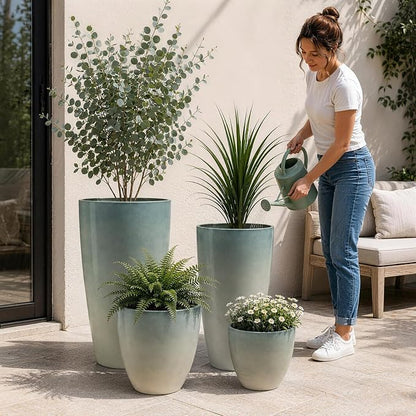 ZMTECH 24/21/12/10 Inch Charcoal Gray Green Gloss Planter Set, 4 Pack Large Outdoor Planters with Drainage Holes & Saucers, Glossy Smooth Lightweight Plastic Plant Pots for Indoor Patio Garden Décor