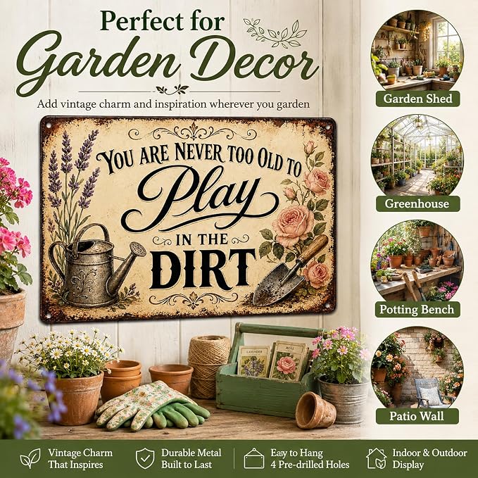 Garden Play Aluminum Metal Sign, Vintage Floral Wall Decor, Rustic Outdoor Plaque, Gift for Patio Greenhouse 8x12 Inch (26035)