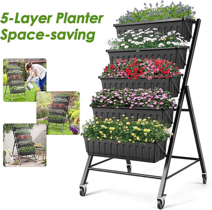 Suyncll 2 Pack Vertical Raised Garden Bed, 5 Tiers Elevated Planter Box with Drainage System and 4 Hooks, 4FT Vertical Planter for Herbs Vegetables Flowers (Black with 4 Wheels)