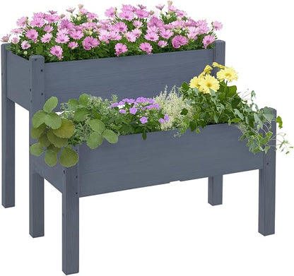 Outsunny 34"x34"x28" Raised Garden Bed, 2-Tier Elevated Wood Planter Box for Backyard, Patio to Grow Vegetables, Herbs, and Flowers, Gray