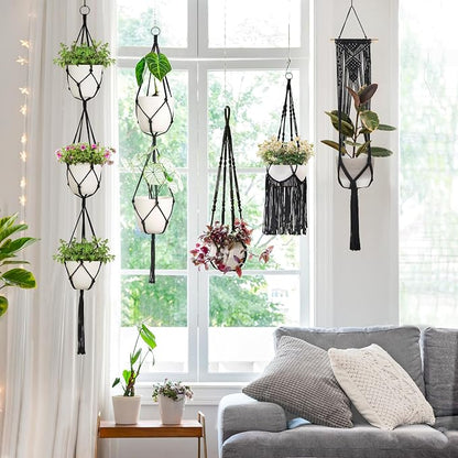 Mkono Macrame Plant Hangers, 5 Pack Different Tiers Indoor Hanging Planters Basket with 5 Hooks Decorative Flower Pots Holder Stand Boho Home Decor, Black