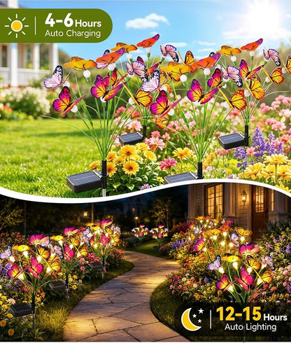 Solar Butterfly Garden Lights, 4 Pack 32 Swaying Butterflies | Lifelike Silk Wings on Wire Stems, For Yard, Patio, Pathway & Lawn, IP65 Waterproof Outdoor, Flutters in Any Breeze