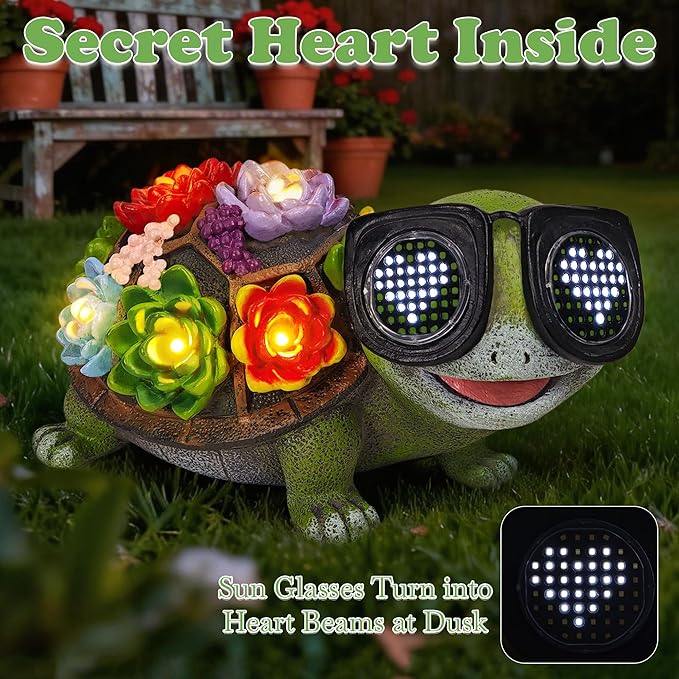 Solar Turtle Statue Garden Decor - Turtle Garden Statues with Love LED Lights,Outdoor Figurine Decorations for Outside Yard, Lawn, Patio, Porch, Balcony, Unique Birthday Gifts for Mom Women Grandma