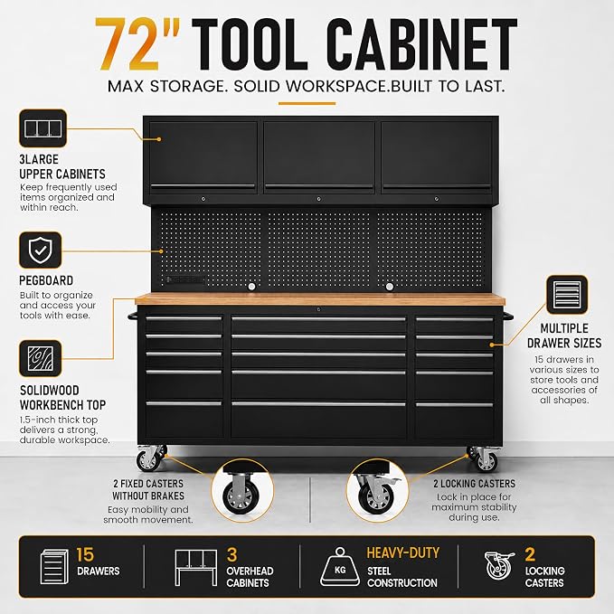 CHETTO C 72-inch Rolling Tool Chest Cabinet Mobile Workbench with 15 Storage Drawers and Wheels 3 Uper Cabinet Outlet SS Pegboard Black Tool Box for Garage