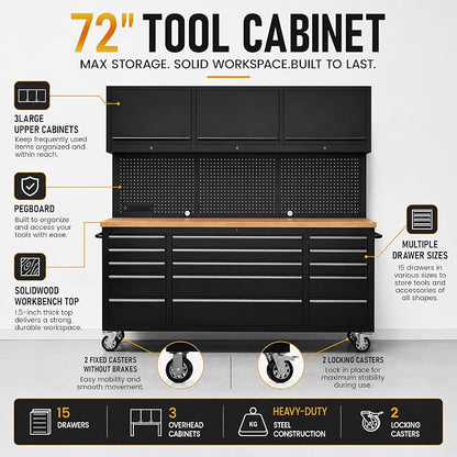 CHETTO C 72-inch Rolling Tool Chest Cabinet Mobile Workbench with 15 Storage Drawers and Wheels 3 Uper Cabinet Outlet SS Pegboard Black Tool Box for Garage