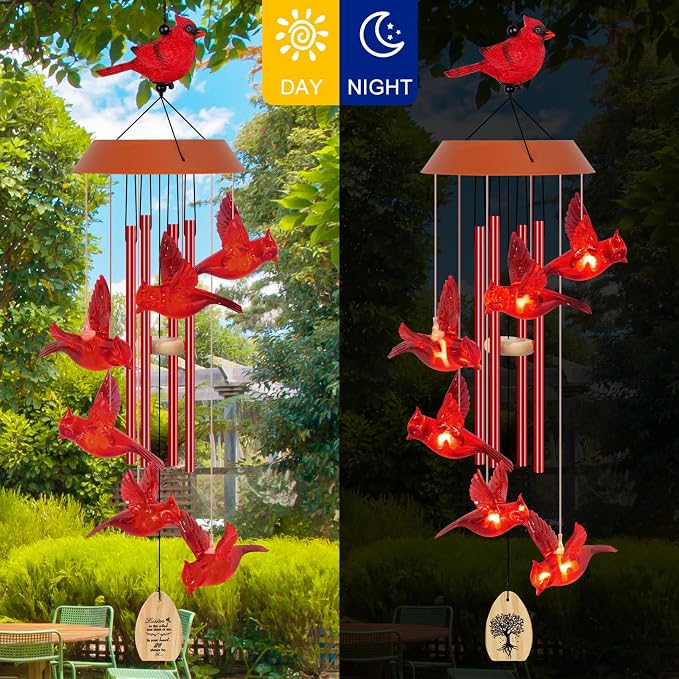 Solar Wind Chimes for Outside, Memorial Cardinal Wind Chimes, 35" LED Windchimes Outdoors Christmas Birthday Cardinal Gifts for Women Mom Grandma Home Garden Decor