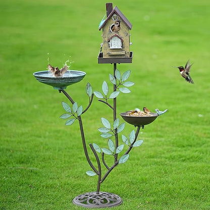 HLQMFHT 38" H Cast Iron Pedestal Bird Baths for Outdoors,3 in 1 Metal Bird Bath Bowl with Bird Houses and Bird Feeder,Garden Yard Decor