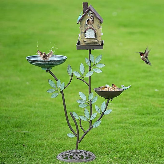 HLQMFHT 38" H Cast Iron Pedestal Bird Baths for Outdoors,3 in 1 Metal Bird Bath Bowl with Bird Houses and Bird Feeder,Garden Yard Decor