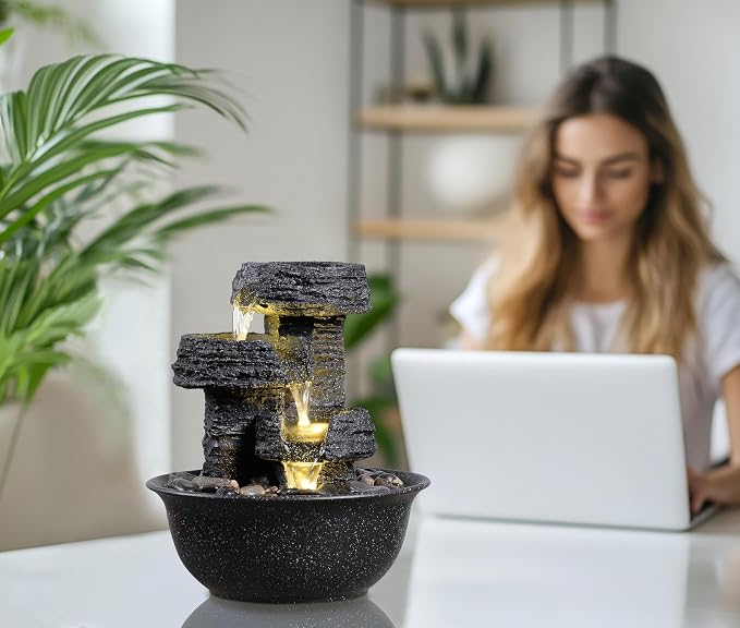Rock Style Tabletop Fountain with LED Light – Indoor Waterfall Feature for Home or Office Décor, Relaxing Zen Desktop Water Fountain