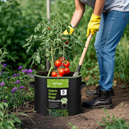 BN-LINK 5-Pack 10 Gallon Grow Bags, Heavy Duty Aeration Fabric Pots with Handles, Thickened Nonwoven Plant Bags for Vegetables, Flowers, Fruits