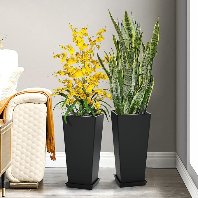 TUYOHW 24-Inch Tall Planters for Outdoor Plants, Set of 2, Black | Square tapered plastic planters with drainage trays for front porch, patio, entryway, backyard, or indoor plants