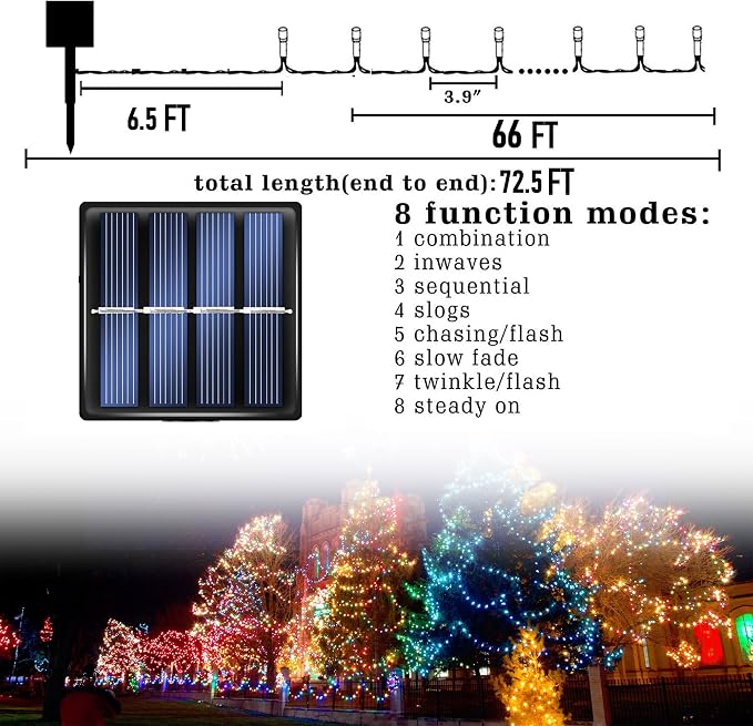 Dazzle Bright 2 Pack Total 400LED 132FT White Christmas Solar String Outdoor Lights, Solar Powered with 8 Modes Waterproof Fairy Lights for Bedroom Patio Garden Tree Party Yard Decoration