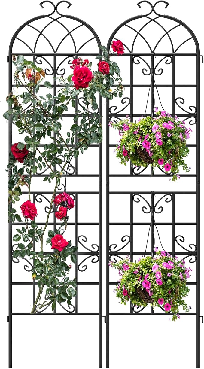 2-Pack 87" x 20" Black Metal Garden Trellises with Butterfly Design | Rust-resistant metal trellises with butterfly arches, scrollwork, spikes, and support for roses, vines, or vegetables