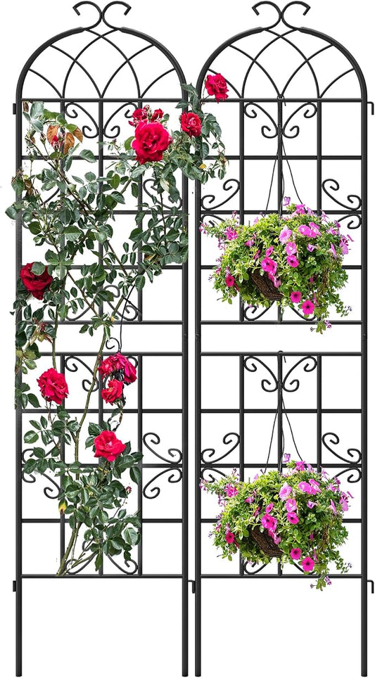 2-Pack 87" x 20" Black Metal Garden Trellises with Butterfly Design | Rust-resistant metal trellises with butterfly arches, scrollwork, spikes, and support for roses, vines, or vegetables