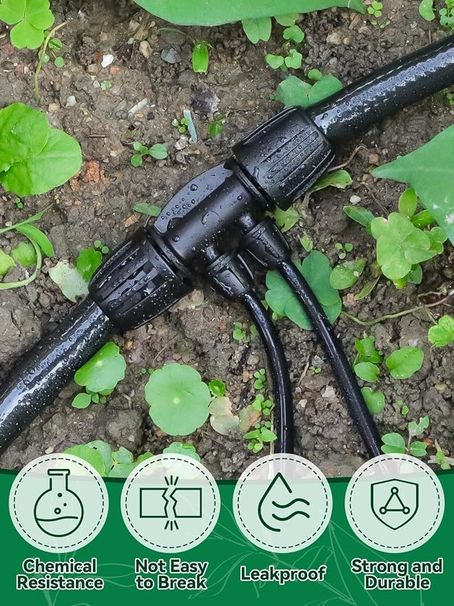 Kalolary 20PCS Locked Barbed Tee Connectors, 1/2" to 1/4" Drip Irrigation Fittings Kit 12/16mm to 4/7mm Tube Lock Female Connector 4-Way Barbed Lock Irrigation Parts for Watering System (Black)