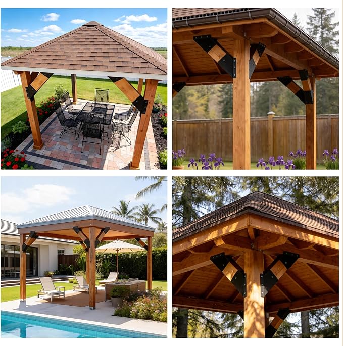 4 Pcs 6"x 6" (Actual Fit:5.6''x 5.6'') 45°Angle Support Brackets| | Heavy Duty Carbon Steel Metal Corner Braces for Pergola|Deck|Railing and Wood Beam Support