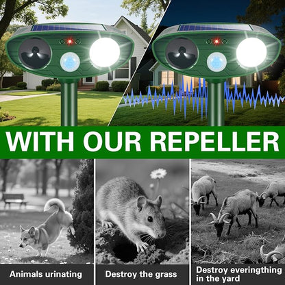 4 Pack Upgraded Sonic Fortress Pro Deer Repellent Devices Waterpfoof Ultrasonic Cat Squirrel Rabbit Racoon Deterrent Outdoor with Motion Sensor & Strobe Light-Solar Animal Repellent for Garden Yard