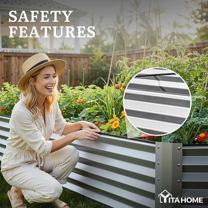YITAHOME 2pcs 8x4x1.5ft Galvanized Raised Garden Bed, Metal Planter Box with Safety Rubber, Gloves, Outdoor Flower Bed for Planting Plants Vegetables, Silver