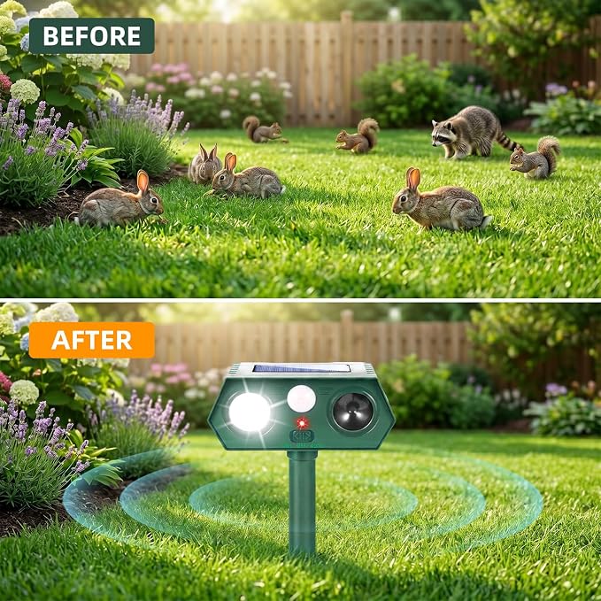 Sonic Fortress Pro Deer Repellent Devices Squirrel Fortress Pro Raccoon Repellent Solar Ultrasonic Animal Repeller Outdoor IP65 Motion Activated Cat Deterrent to Scare Rabbit Dog for Garden Lawn(4)