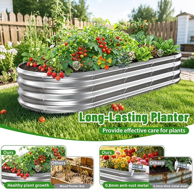 Oval Raised Garden Bed, 5 x 2 x 1FT, Galvanized Steel Planter Box with Wave-Shaped Metal Panels for Outdoor Flower,Tree,Herb & Vegetable Garden (Silver, 60X24X12 inches)