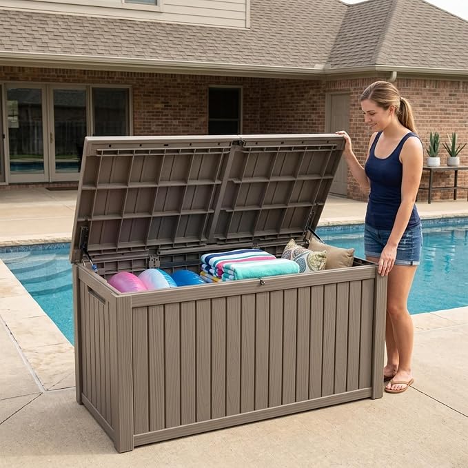 Outdoor Storage Box, 200 Gallon Waterproof Deck Box [Upgraded 3.0], Premium Hydraulic Cushion Storage Chest, High-Load Lockable Two-Seater Patio Storage Bench, Large Country Estate, Grey