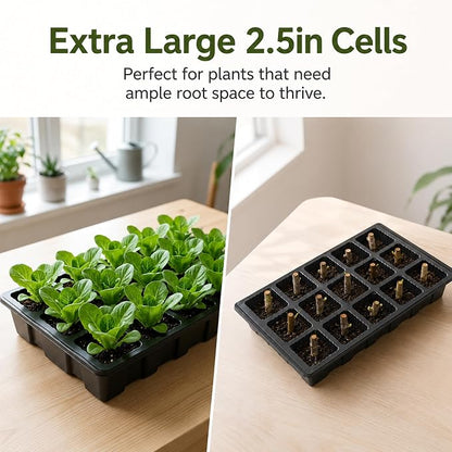 Gardzen 10-Pack Seed Starter Kits, Reusable Plant Germination Trays with Total 150-Cell, Seed Starter Tray with Humidity Vented Domes and Bases for Starting Vegetable Flower Herb Seeds 15" x 9", Black
