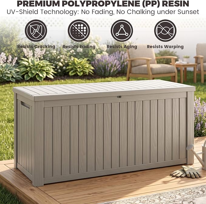 Outdoor Storage Box, 200 Gallon Waterproof Deck Box [Upgraded 3.1], Large Resin Storage with Hydraulic Lifts for King Cushions, Heavy Duty Lockable Bench Seat, Pool Deck, Grey