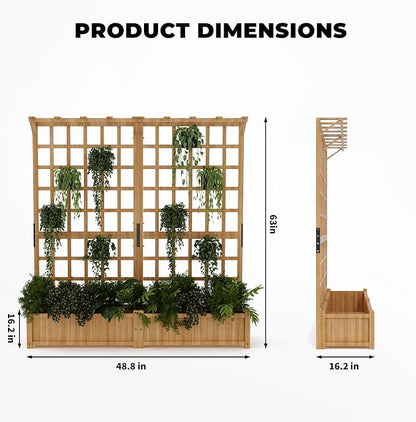 Two-Tier Wooden Planter Box with Trellis, Elevated Raised Garden Bed for Flowers and Vegetables, 1.4 Ft Deep Pot with Roof & Drainage
