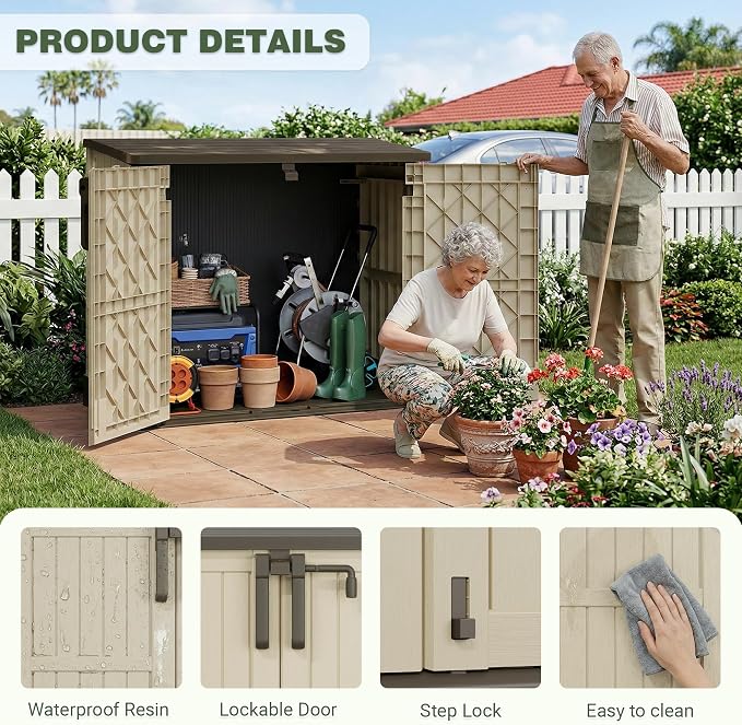 LHBcraft Waterproof Outdoor Storage Box 36 Cu Ft with Lockable Doors, Portable Outdoor Storage Box, Horizontal Outdoor Storage Cabinet for Backyards, Brown-Beige