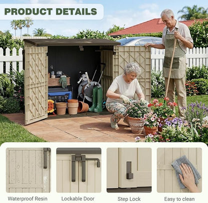LHBcraft Waterproof Outdoor Storage Box 36 Cu Ft with Lockable Doors, Portable Outdoor Storage Box, Horizontal Outdoor Storage Cabinet for Backyards, Brown-Beige