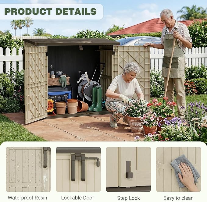 LHBcraft Waterproof Outdoor Storage Box 36 Cu Ft with Lockable Doors, Portable Horizontal Resin Storage Cabinet, Outdoor Storage Shed for Garden